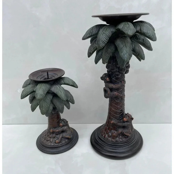 1990s Hollywood Regency Metal Palm Trees Monkey Candle Holder Candlesticks - Picture 1 of 12